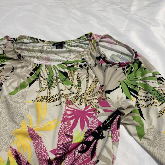 Robert Louis Women's Cold Shoulder Blouse Top Size Small Beige Tropical Print - Picture 9 of 11